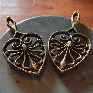 Gold Heart Shaped Cast Iron Trivet with Hooks on back